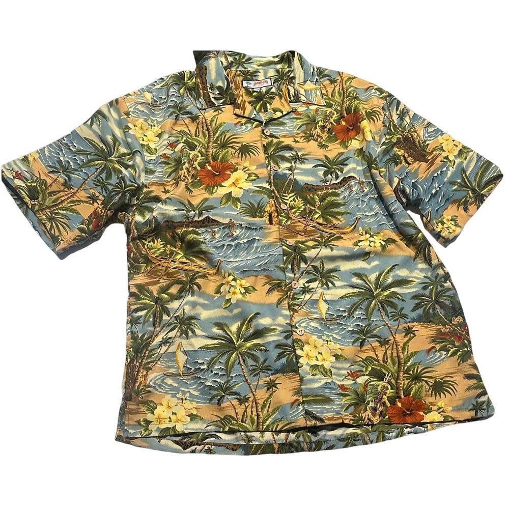 Aloha Joe Men’s Sz XLarge Hawaiian Shirt Surfers Surfboards Palm Trees Vtg Beach